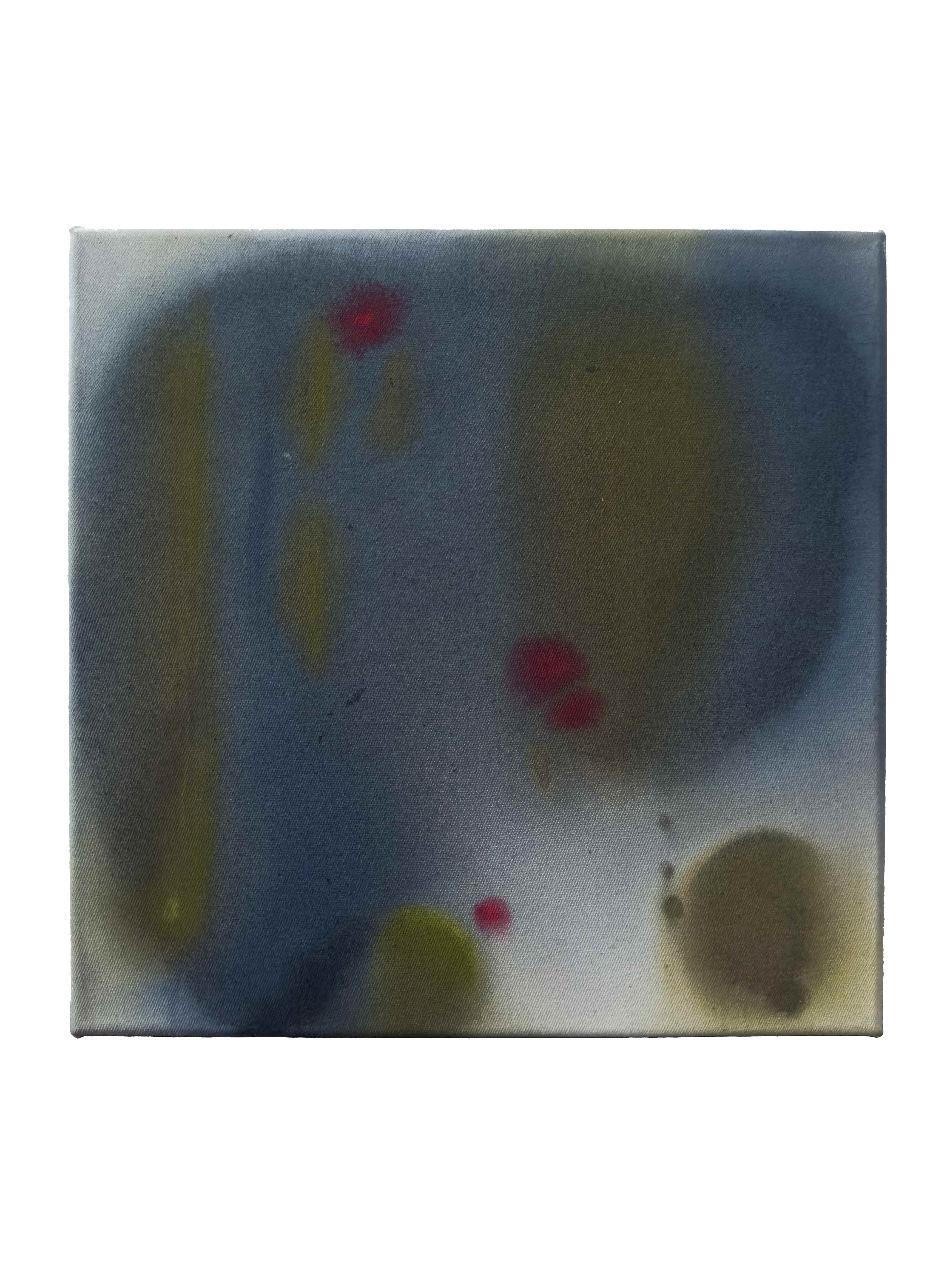 Atmosphere | navy red khaki, acrylic on raw canvas, 35 × 35 cm, 2026, 320 €